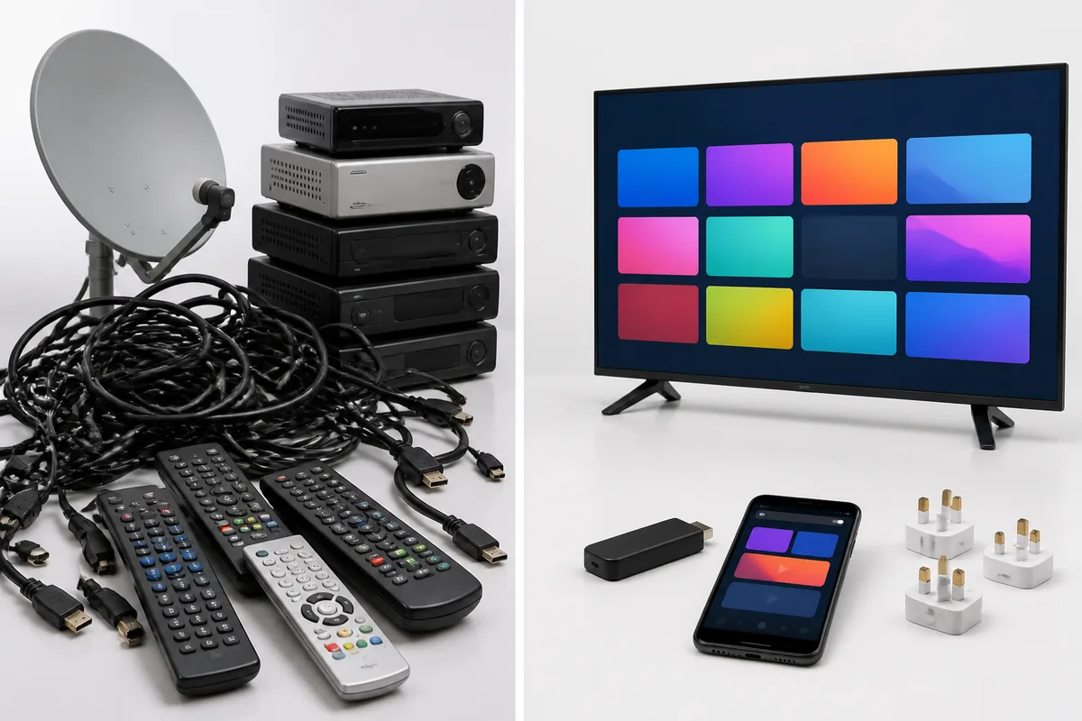 IPTV UK beállítás összehasonlítás — bal oldalon HDMI-kábelek gubanca, több távirányító, parabolaantenna és egymásra rakott dekóderek; jobb oldalon egyetlen rendezett streaming stick, egy Smart TV rendezett csatornaráccsal, egy telefon és egy alkalmazás, brit háromtűs dugókkal