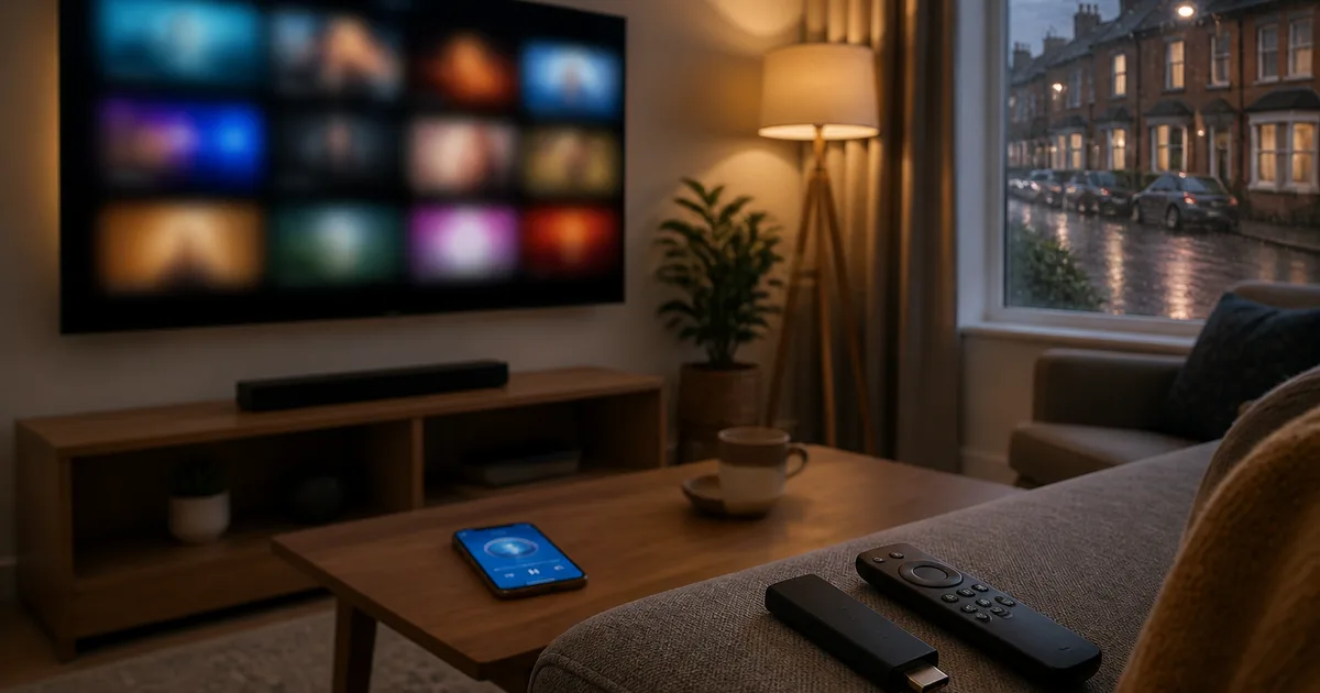 IPTV UK 2026 — brit nappali fali Smart TV-vel, amelyen általános csatorna-bélyegképek rácsa látszik, kanapén streaming stick és távirányító, dohányzóasztalon TV-alkalmazást futtató okostelefon, esős ablakon át sorházak