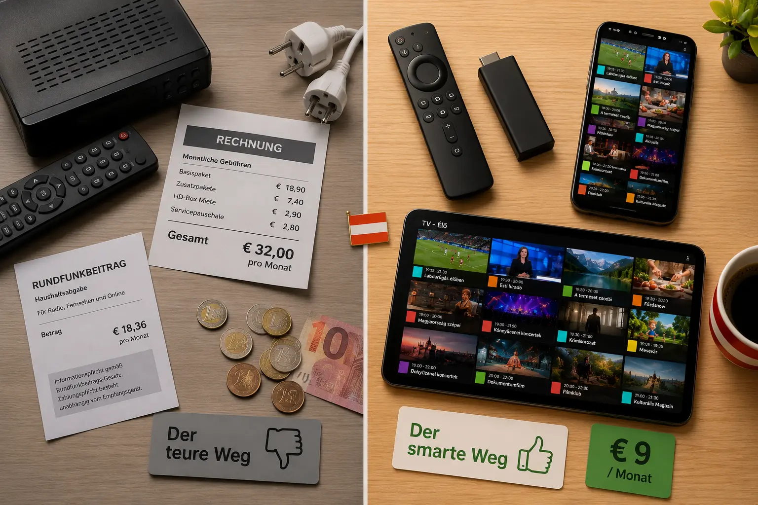 Magyar TV Ausztriában összehasonlítás – a drága út (kábel set-top box, €32 számla, ORF-Beitrag levél, euró érmék) szemben az okos úttal (Fire TV Stick, okostelefon és tablet IPTV csatorna-griddel, €9 kártya)