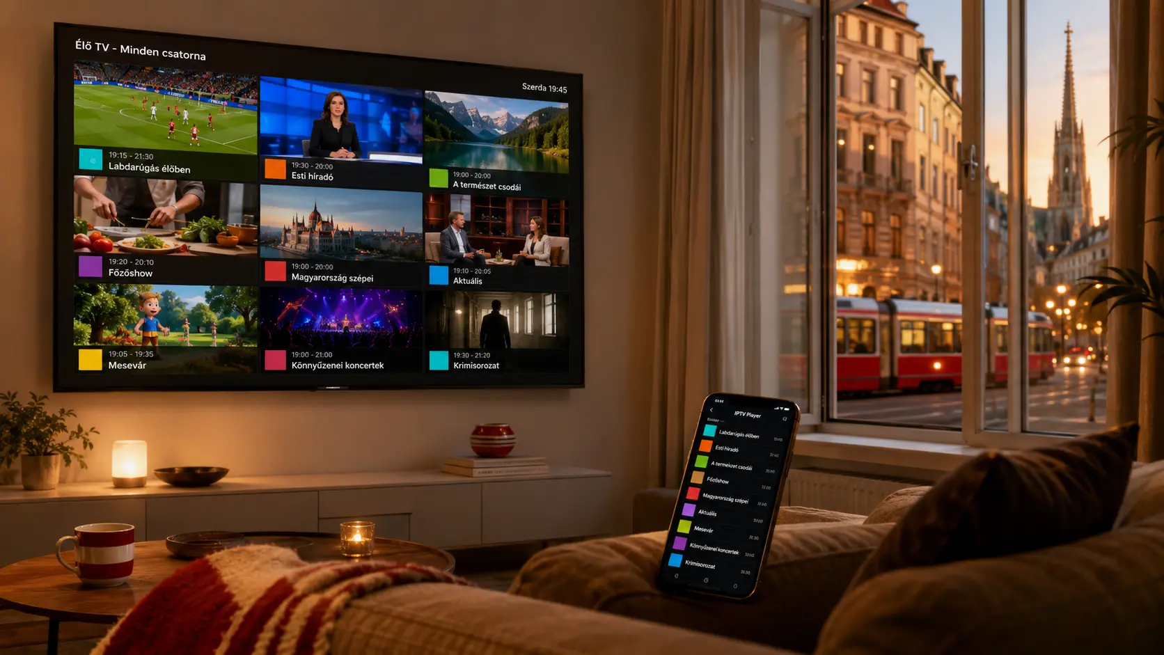 Magyar TV Ausztriában 2026 – bécsi Altbau lakás nappalijában Smart TV magyar csatornák élő grid-adásával, asztali okostelefonon IPTV alkalmazás, ablakon át piros bécsi villamos és a Stephansdom esti fényben