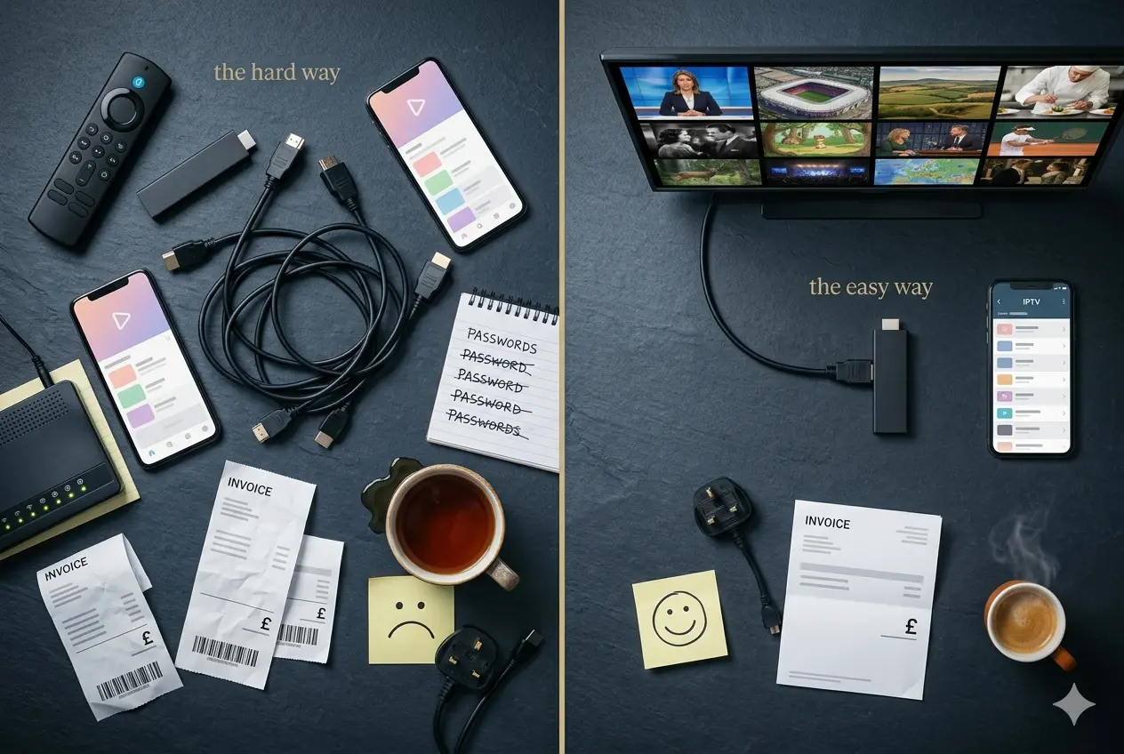 Magyar online TV UK-ban összehasonlítás – bal oldalon "the hard way" (összekuszált HDMI kábelek, több telefon különböző streaming appokkal, gyűrött GBP számlák, jelszó-káoszos jegyzet, szomorú smiley) és jobb oldalon "the easy way" (egy Fire TV Stick, egy Smart TV magyar csatorna grid-del, egy IPTV app, egy számla, vidám smiley) UK 3-pin plug adapterekkel