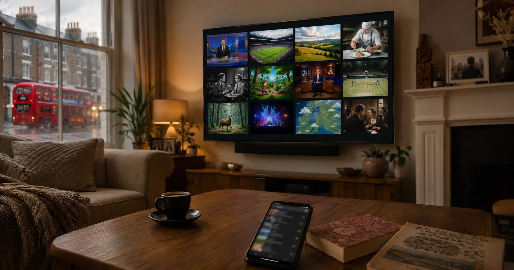 Magyar online TV UK-ban 2026 – London-i terasos ház nappalijában Smart TV 12 magyar csatorna élő grid-adásával, asztali okostelefonon IPTV alkalmazás, ablakon át dupla emeletes londoni busz esős utcán